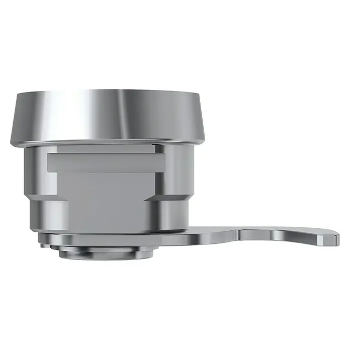 Basi Universalzylinder HS 336 - Passend für: Basi Geldkassetten - Detailaufnahme eines silberfarbenen Drehknebelverschlusses. Das Bauteil wirkt hochwertig und modern auf dem schwarzen Hintergrund.