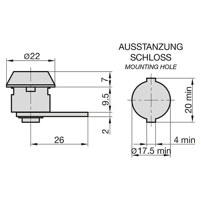 Basi Universalzylinder HS 331 - Passend für: für Renz ab Bj.1990 - Technische Zeichnung eines Schlosses mit Maßangaben, einschließlich Durchmesser und Montagebohrung.