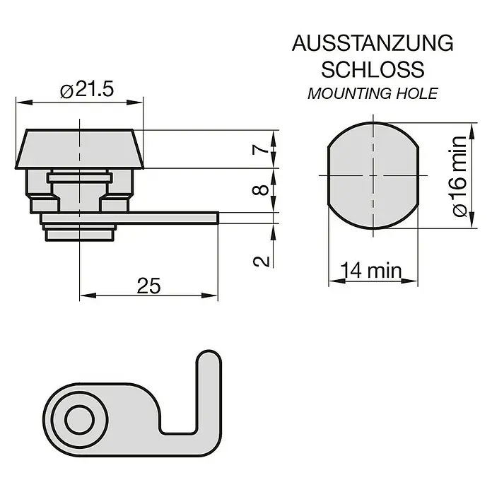 Basi Universalzylinder HS 336 - Passend für: Basi Geldkassetten - Technische Zeichnung eines Schlosses mit Maßangaben zu Durchmesser und Montagebohrung.