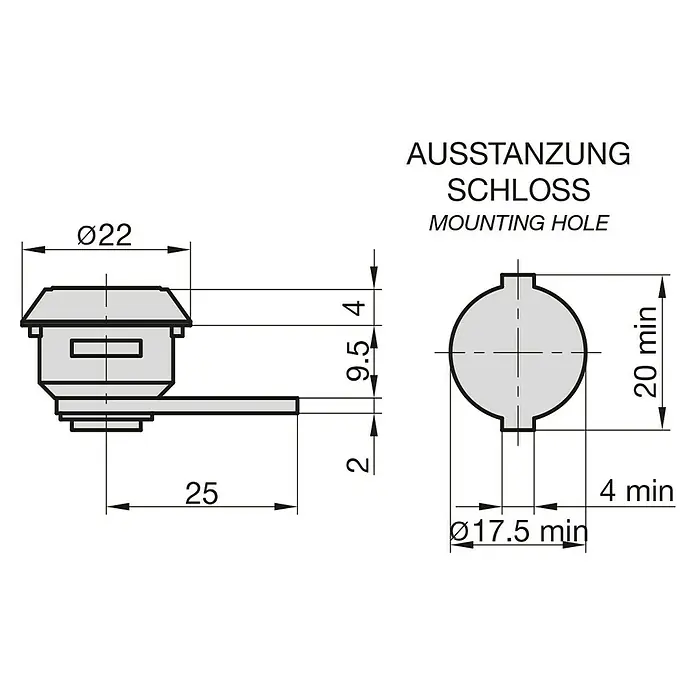 Basi Universalzylinder HS 320 - Passend für: universelle Verwendung - Technische Zeichnung eines Schlosses mit den Maßen Ø22, 25, 2, 9.5, 4, 4 min, 17.5 min und 20 min.