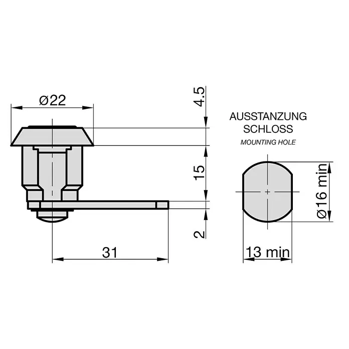Basi Universalzylinder HS 310 - Passend für: universelle Verwendung - Technische Zeichnung eines Schlosses mit den Maßen Ø22, 4.5, 15, 2, 31 und einer Ausstanzung Schloss (Montagebohrung) mit den Maßen Ø16 min und 13 min.