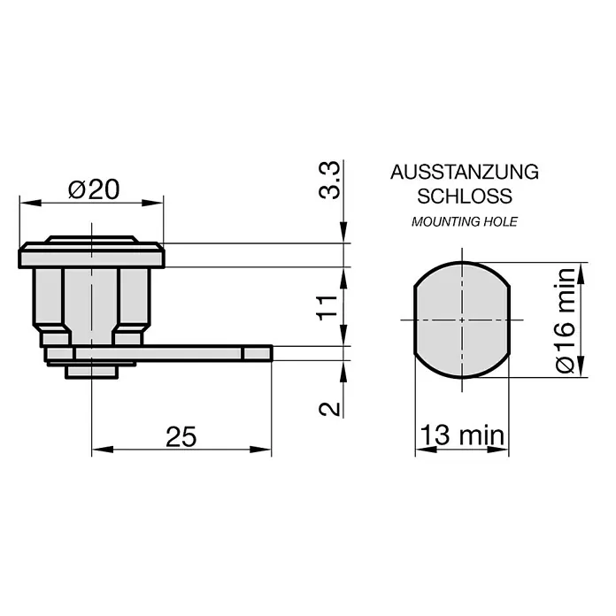 Basi Universalzylinder HS 313 - Passend für: Universal - Burg - Technische Zeichnung eines Schlosses mit den Maßen Ø20, 3.3, 11, 2, 25 und einer Ausstanzung mit den Maßen Ø16 min, 13 min für die Montage.