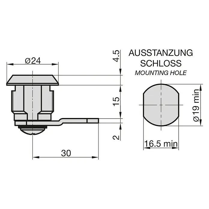 Basi Universalzylinder HS 326 - Passend für: Format - Technische Zeichnung eines Schrankschlosses mit Bemaßungen. Die Zeichnung zeigt die Details der Schließvorrichtung und der Montagebohrung.