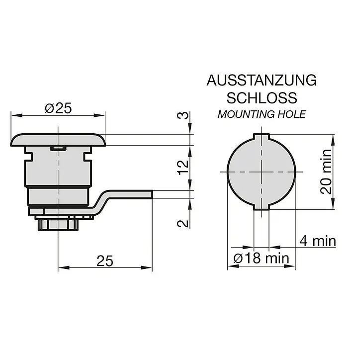 Basi Universalzylinder HS 348 - Passend für: Allebacker - Technische Zeichnung eines Schlosses mit detaillierten Maßen, inklusive der Aussparung und der Montagebohrung.