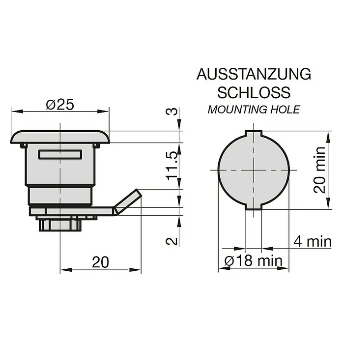 Basi Universalzylinder HS 328 - Passend für: Renz ab Bj.1990 - Abbildung des Schlosses mit den Maßen Ø25, 20, 11.5, 3, 4 min und Ø18 min zur Beschreibung der Ausstanzung und des Montagelochs.