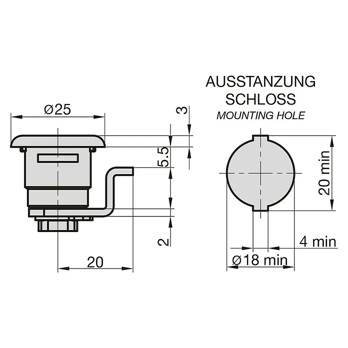 Basi Universalzylinder HS 329 - Passend für: Renz ab Bj.1980 - Technische Zeichnung eines Schlosses mit den Maßen Ø25, 20, 5.5, 3 und der Lochung für die Montage, die mindestens Ø18 und 20 mm groß sein muss.