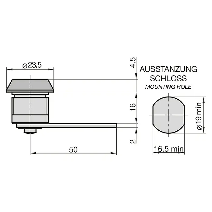 Basi Universalzylinder HS 347 - Passend für: Albert - Technische Zeichnung eines Schrankschlosses mit Bemaßungen für Durchmesser, Länge und Bohrloch, relevant für Möbelbeschläge.