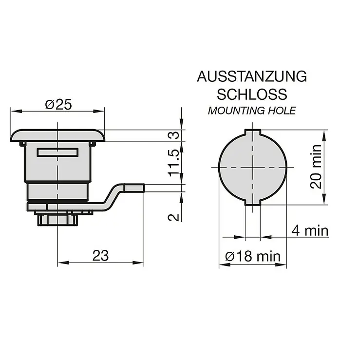 Basi Universalzylinder HS 327 - Passend für: Renz ab Bj.1980 - Technische Zeichnung eines Schlosses mit Bemaßung für Montagebohrung.