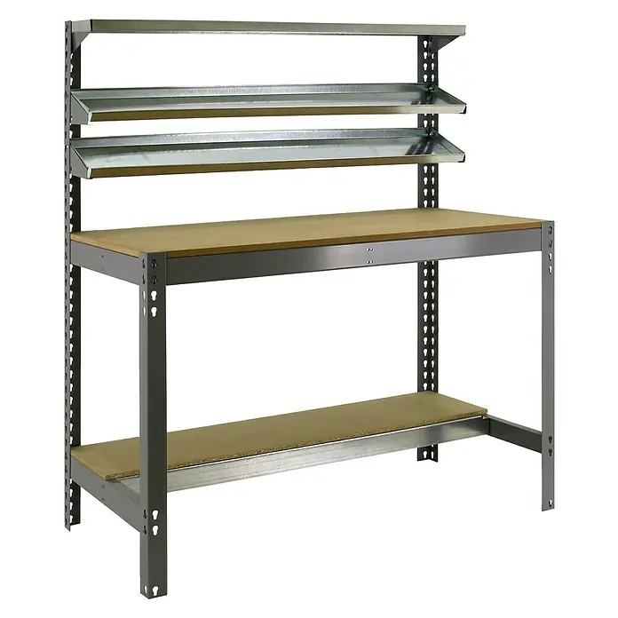 Simonrack Simonwork Werkbank BT1 900 - Breite: 91 cm, Grau/Holz - Werkbank mit Stahlrahmen und drei zusätzlichen Regalen für mehr Stauraum. Perfekt für Hobbykeller und Werkstätten.