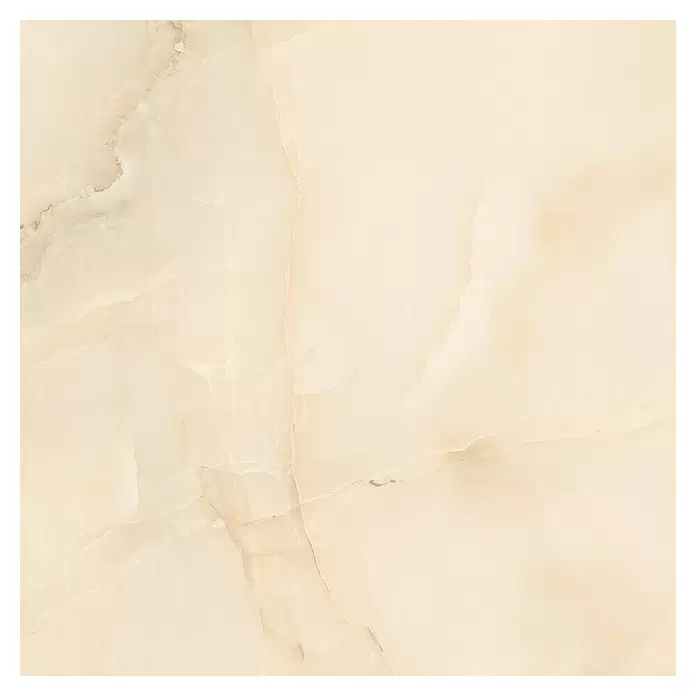 Feinsteinzeugfliese Royal Onyx - 60 x 60 cm, Creme, Glänzend - Hellbeige Fliese in Marmoroptik für Böden oder Wände, mit feinen creme- und braunen Äderungen.
