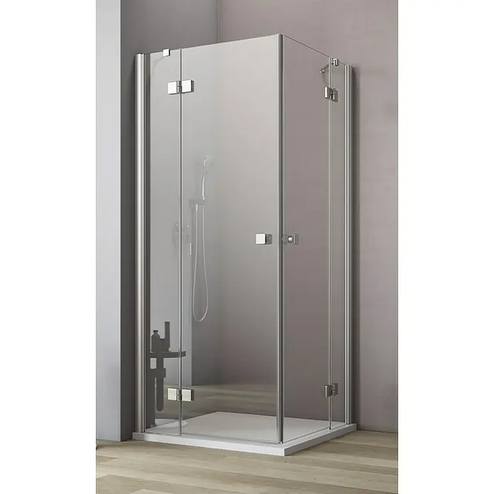 GEO Hit Eckdusche B-E300 - L x B x H: 80 x 90 x 200 cm, Beschichtet, Silber, Glasstärke: 6 mm - Elegante Duschkabine mit klaren Glaswänden und chromfarbenen Beschlägen. Das moderne Design fügt sich nahtlos in jedes Badezimmer ein.