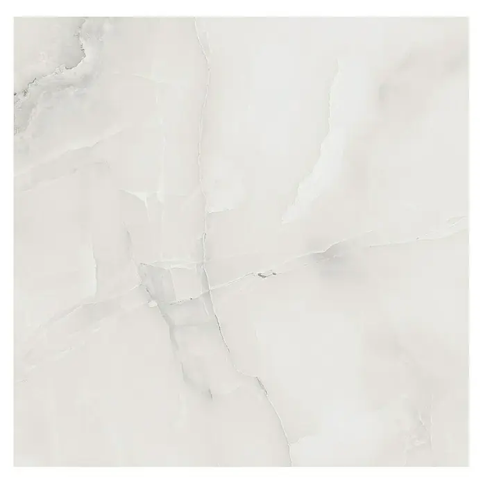 Feinsteinzeugfliese Royal Onyx - 60 x 60 cm, Hellgrau, Glänzend - Nahaufnahme einer polierten Onyx-Marmorfliese mit einzigartigen weißen und grauen Wirbelmustern für elegante Innenräume.