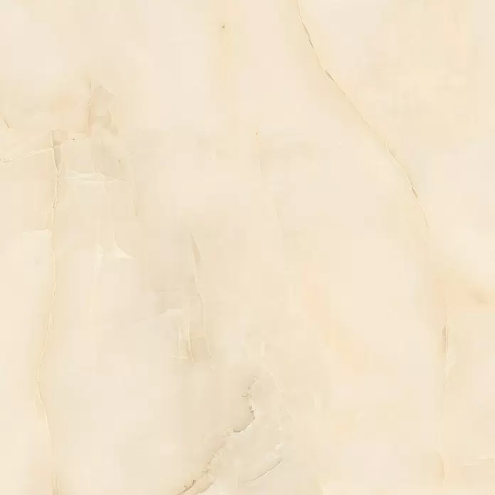 Feinsteinzeugfliese Royal Onyx - 60 x 60 cm, Creme, Glänzend - Helle beige Natursteinoberfläche mit subtilen, fließenden Mustern.
