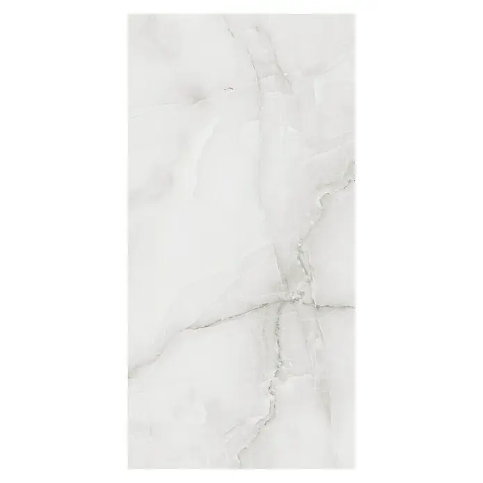 Feinsteinzeugfliese Royal Onyx - 60 x 120 cm, Hellgrau, Glänzend - Elegante Marmorfliese in Weiß mit zarten grauen Maserungen, ideal für stilvolle Innenräume. Die polierte Oberfläche verleiht jedem Raum eine luxuriöse Note.