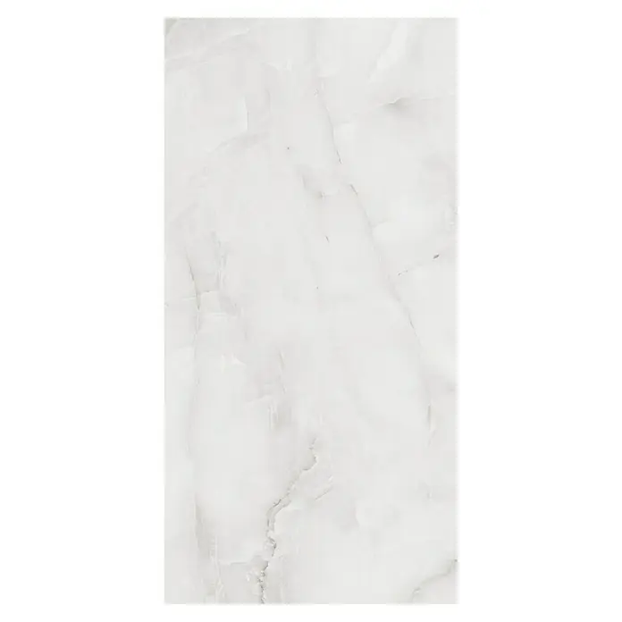 Feinsteinzeugfliese Royal Onyx - 60 x 120 cm, Hellgrau, Glänzend - Elegante Marmorplatte mit zarten, grauen Adern auf weißem Grund, ideal für stilvolle Innenräume.