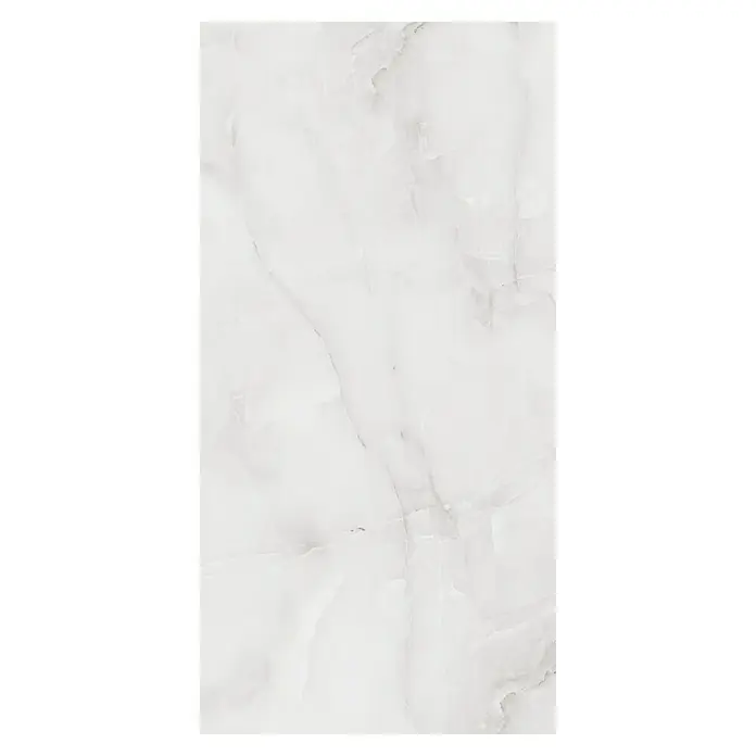 Feinsteinzeugfliese Royal Onyx - 60 x 120 cm, Hellgrau, Glänzend - Hochformatiges Bild einer Onyx-Marmorplatte mit zarten Grau- und Weißtönen, ideal für elegante Innenräume.