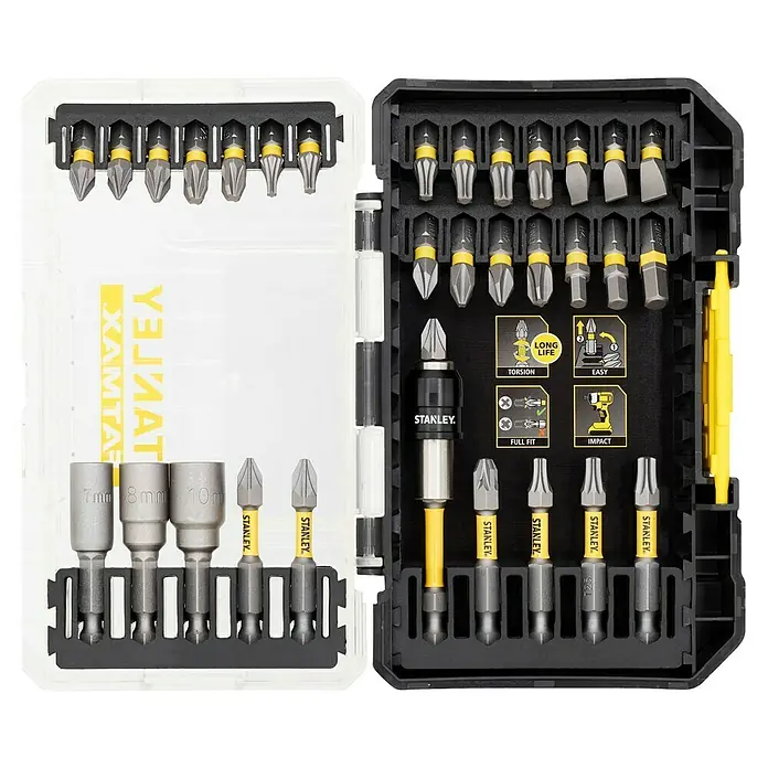 Stanley FatMax Set de puntas STA88557-XJ - 32 pzs. - Juego de puntas de destornillador Stanley con varios accesorios y tamaños en una caja de almacenamiento transparente.