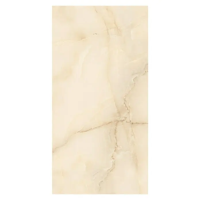 Feinsteinzeugfliese Royal Onyx - 60 x 120 cm, Creme, Glänzend - Nahaufnahme einer eleganten, beigefarbenen Onyx-Fliese mit zarten Marmorierungen, ideal für luxuriöse Innenräume.