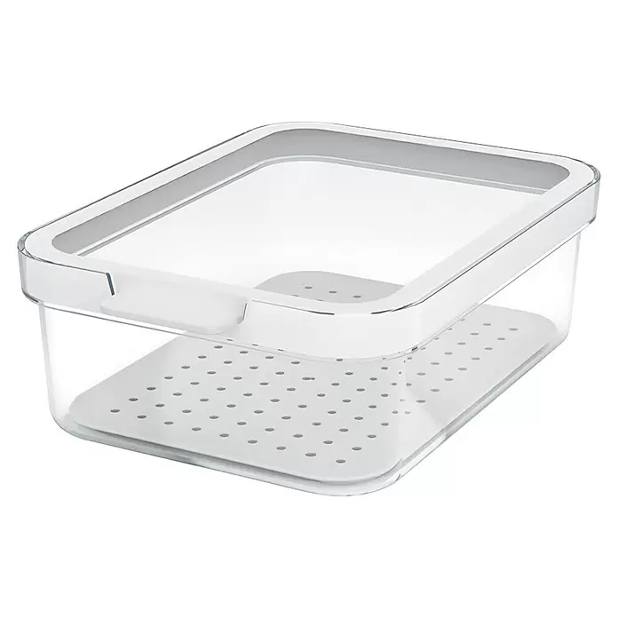Rotho Recipiente de almacenaje Cauma - L x An x Al: 19,6 x 13,6 x 6,2 cm, Plástico, Transparente, Específico para: Nevera y congelador - Contenedor de plástico transparente para alimentos con tapa blanca y bandeja de drenaje perforada interna.