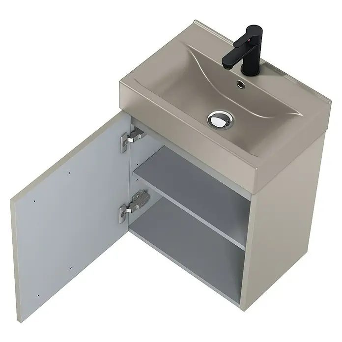 Badmöbel-Set Tiny - Gesamtbreite Badmöbel: 45 cm, Fume, Matt, DIN Anschlag: Links/Rechts, 2 -tlg. - Ein moderner Waschtisch mit offenem Schrank und stilvoller Armatur. Ideal für jedes Badezimmer, praktisch und elegant.