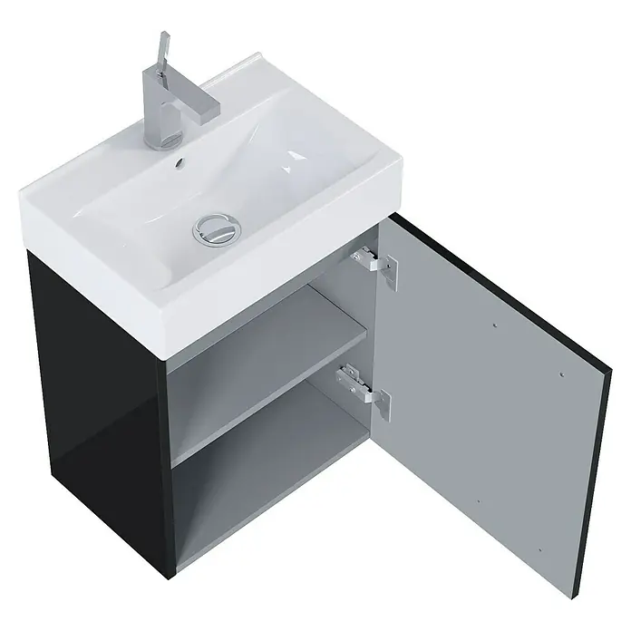 Badmöbel-Set Tiny - Gesamtbreite Badmöbel: 45 cm, Schwarz/Weiß, Glänzend, DIN Anschlag: Links/Rechts, 2 -tlg. - Ein modernes Badezimmer-Waschbecken mit offenem Schrank und einem eleganten, schwarzen Unterschrank. Der Waschtisch ist in Weiß gehalten.