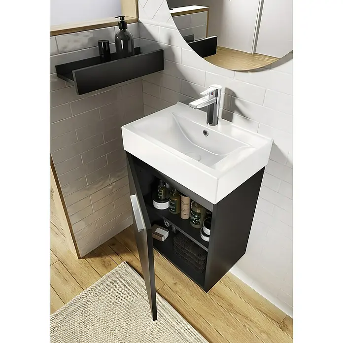 Badmöbel-Set Tiny - Gesamtbreite Badmöbel: 45 cm, Schwarz/Weiß, Glänzend, DIN Anschlag: Links/Rechts, 2 -tlg. - Das Bild zeigt einen modernen Waschtisch mit offenem Unterschrank im Badezimmer, ideal für stilvolle Badgestaltungen mit praktischem Stauraum.