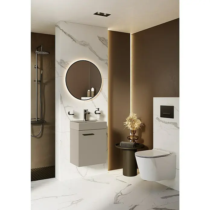 Badmöbel-Set Tiny - Gesamtbreite Badmöbel: 45 cm, Fume, Matt, DIN Anschlag: Links/Rechts, 2 -tlg. - Elegantes Badezimmer mit modernem Waschtisch, runden Spiegel mit Beleuchtung, und stilvoller Toilette. Luxuriöses Design für höchste Ansprüche.