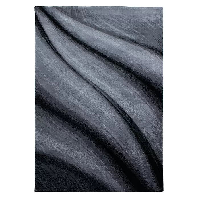 Kurzflorteppich Miami - Schwarz/Grau, 340 x 240 cm, 100 % Polypropylen - Strukturierter dunkelgrauer und schwarzer abstrakter Muster mit Wellenlinien.