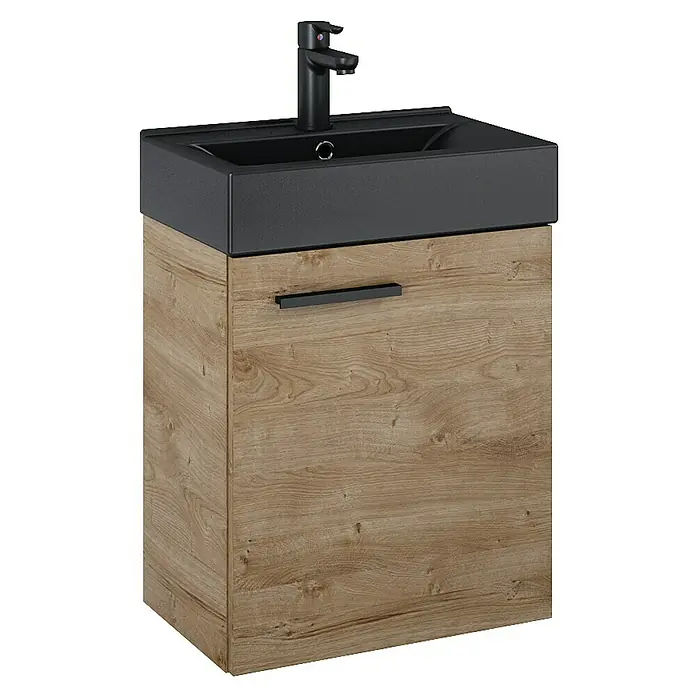 Badmöbel-Set Tiny - Gesamtbreite Badmöbel: 45 cm, Eiche/Schwarz, Matt, DIN Anschlag: Links/Rechts, 2 -tlg. - Ein moderner Waschtisch mit einem schwarzen Waschbecken und einem Holzschrank mit einer schwarzen Griffleiste.