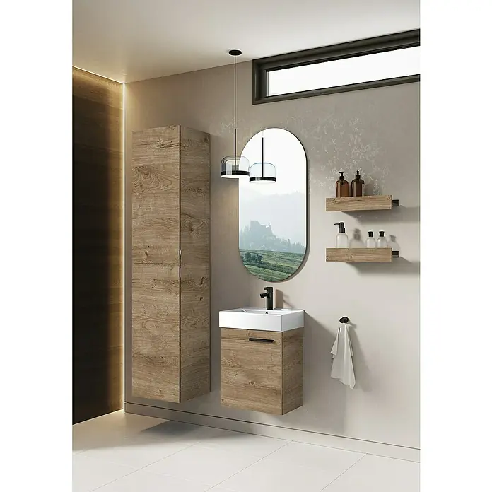 Badmöbel-Set Tiny - Gesamtbreite Badmöbel: 45 cm, Eiche/Weiß, Matt, DIN Anschlag: Links/Rechts, 2 -tlg. - Elegantes Badezimmer-Interieur mit Holzschrank, Waschtisch und Spiegel. Moderne Beleuchtung und Ablagen vervollständigen das stilvolle Design.