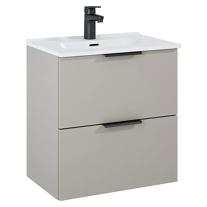 Riva Badmöbel-Set Street Plus - Gesamtbreite Badmöbel: 51,3 cm, Fume, Matt, 2 -tlg. - Grauer Badezimmerschrank mit zwei Schubladen, einem weißen Waschbecken und einem schwarzen Wasserhahn. Ein modernes und elegantes Design.