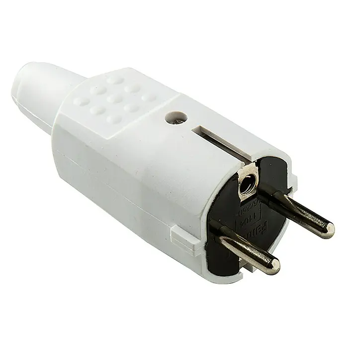 Famatel Clavija de goma 2 P+TT - 250 V, IP20, Blanco - Primer plano de un enchufe Schuko blanco, común en Europa, con dos clavijas redondas y contactos de tierra laterales.
