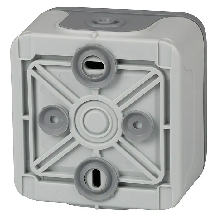 Legrand Plexo Interruptor/Conmutador doble - Gris, Montaje en la pared - Primer plano de un grifo blanco con detalles grises, con una base cuadrada y pies de goma para estabilidad.