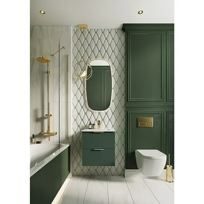 Riva Badmöbel-Set Street Plus - Gesamtbreite Badmöbel: 51,3 cm, Waldgrün, Matt, 2 -tlg. - Moderne Badezimmergestaltung mit grünen Akzenten: Waschtischunterschrank, Toilette und goldene Armaturen schaffen ein elegantes Ambiente.
