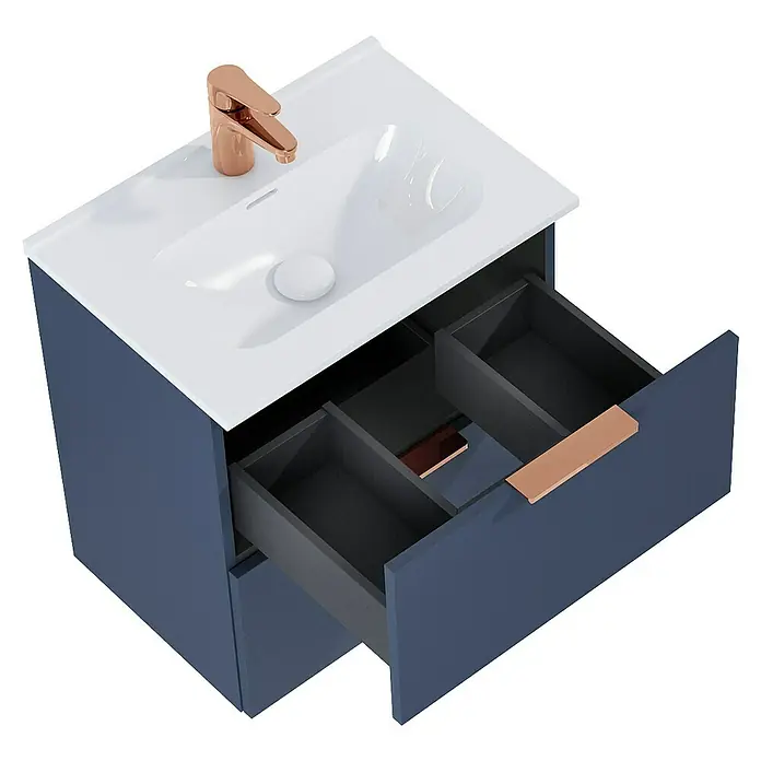 Riva Badmöbel-Set Street Plus - Gesamtbreite Badmöbel: 51,3 cm, Navyblau, Matt, 2 -tlg. - Stilvoller Waschtischunterschrank in Blau mit offenem Schubfach und weißem Aufsatzwaschbecken für moderne Badezimmer.
