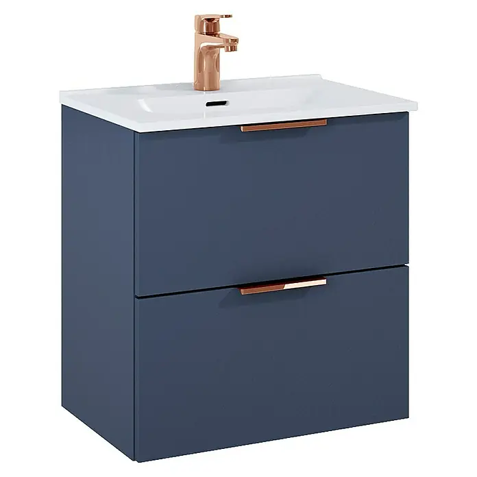 Riva Badmöbel-Set Street Plus - Gesamtbreite Badmöbel: 51,3 cm, Navyblau, Matt, 2 -tlg. - Ein moderner, marineblauer Waschtischunterschrank mit zwei Schubladen, einer weißen Arbeitsplatte und einer Armatur aus Roségold.