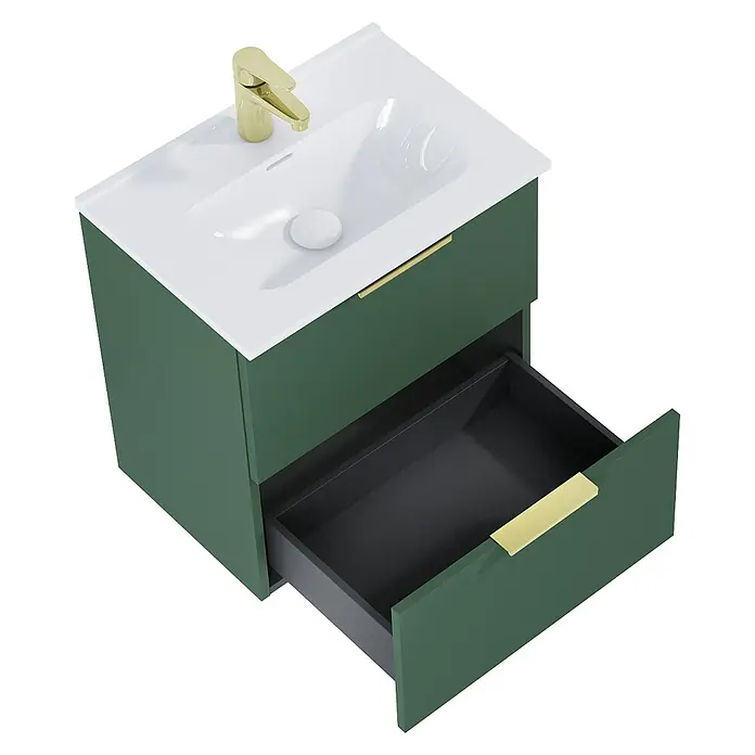Riva Badmöbel-Set Street Plus - Gesamtbreite Badmöbel: 51,3 cm, Waldgrün, Matt, 2 -tlg. - Stilvoller grüner Waschtisch mit offenem Schubfach, weißem Becken und goldener Armatur. Modernes Design für Badezimmer.