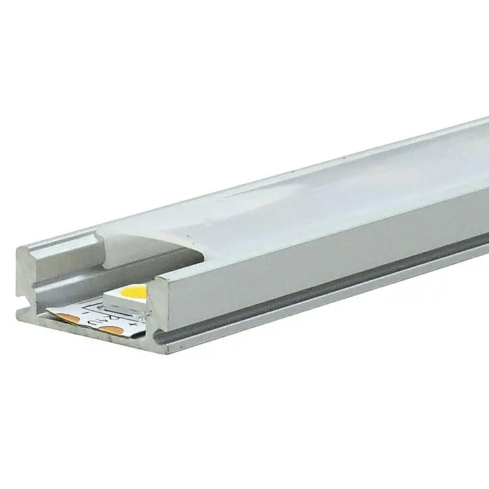 Alverlamp Perfil aluminio de superficie - L x An x Al: 2 m x 1,7 cm x 0,6 cm, Aluminio - Primer plano de un perfil de aluminio LED con una tira LED integrada, ideal para conceptos de iluminación modernos y acentos de luz elegantes.