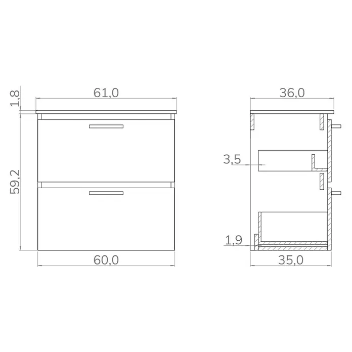 Artysan Conjunto de mueble de baño Palma 2C - Ancho: 60 cm, Roble, 2 pzs. - Dibujo técnico de un mueble de baño con cajones, mostrando las dimensiones y detalles de construcción.