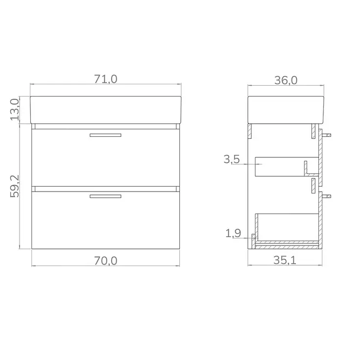 Artysan Conjunto de mueble de baño Palma 2C - Ancho: 70 cm, Roble, 2 pzs. - Dibujo esquemático de un moderno mueble de baño con cajones y dimensiones detalladas.