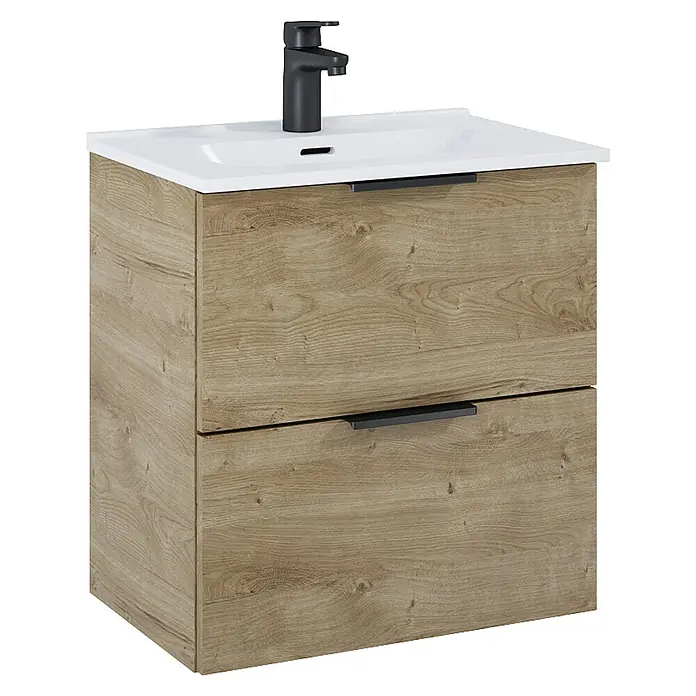 Riva Badmöbel-Set Street Plus - Gesamtbreite Badmöbel: 51,3 cm, Eiche, Matt, 2 -tlg. - Ein moderner Waschtischunterschrank mit zwei Schubladen in Holzoptik und einem weißen Waschbecken mit schwarzer Armatur.