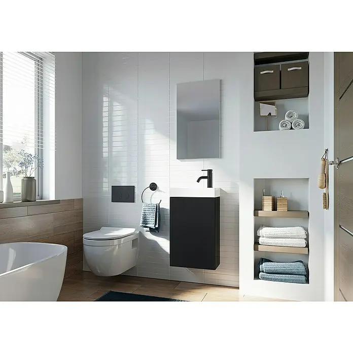 Riva Badmöbel-Set Young - Gesamtbreite Badmöbel: 40 cm, Schwarz matt, 2 -tlg. - Modernes Badezimmer mit wandhängendem WC, schwarzem Waschtisch und praktischen Nischen für Handtücher und Accessoires.
