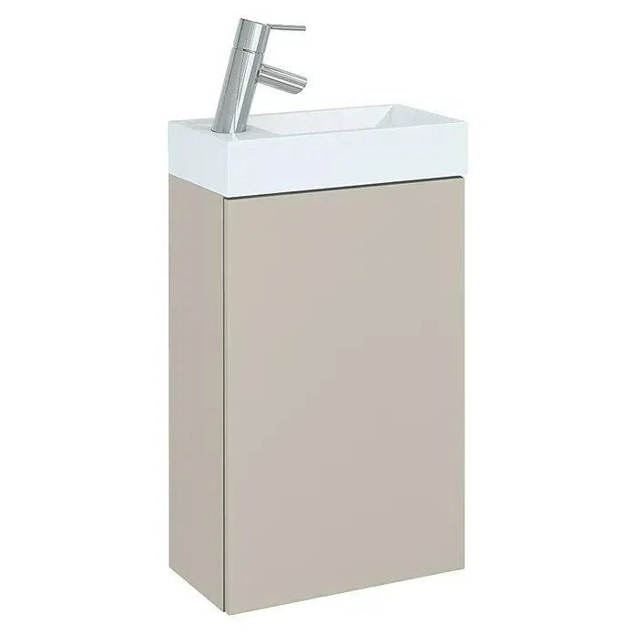 Riva Badmöbel-Set Young - Gesamtbreite Badmöbel: 40 cm, Fume, 2 -tlg. - Ein moderner Waschtisch mit einem weißen Aufsatzwaschbecken und einem schlichten, verchromten Wasserhahn. Darunter befindet sich ein beigefarbener Unterschrank.