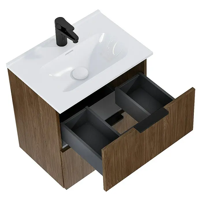 Riva Badmöbel-Set Street Plus - Gesamtbreite Badmöbel: 51,3 cm, Walnuss, Matt, 2 -tlg. - Eleganter Waschtisch mit offenem Schubladensystem und moderner Armatur für stilvolle Badezimmer.