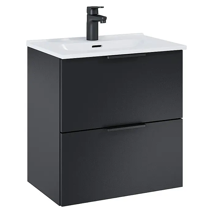 Riva Badmöbel-Set Street Plus - Gesamtbreite Badmöbel: 51,3 cm, Schwarz, Matt, 2 -tlg. - Bild eines Waschbeckens mit Unterschrank. Der Unterschrank ist schwarz, das Waschbecken weiß und die Armatur ist ebenfalls schwarz.