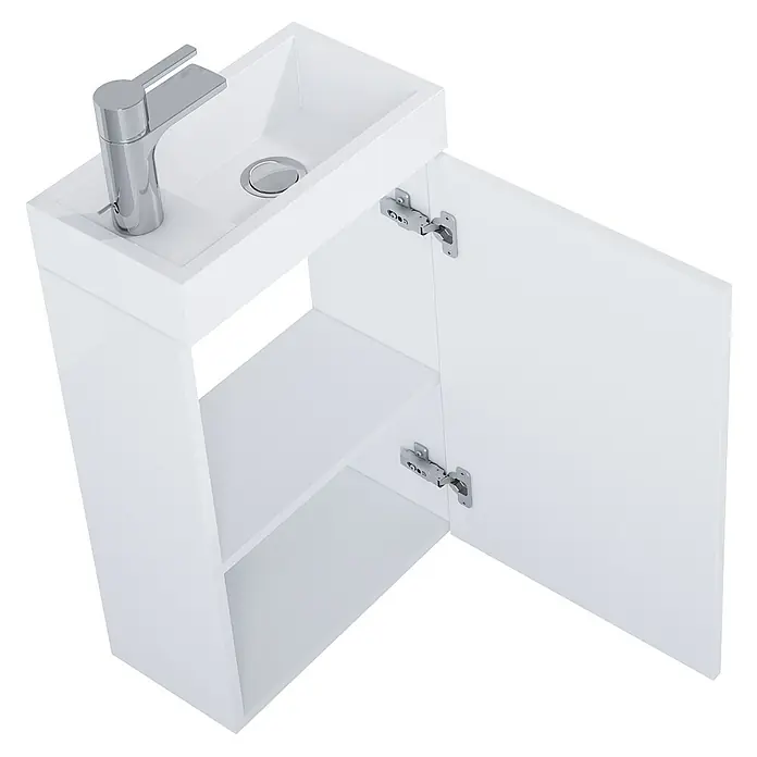 Riva Badmöbel-Set Young - Gesamtbreite Badmöbel: 40,2 cm, Weiß, Glänzend, DIN Anschlag: Links/Rechts, 2 -tlg. - Bild eines weißen Waschtischunterschranks mit offenem Schrank und Spüle mit Armatur.
