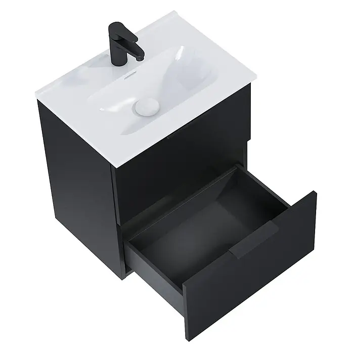 Riva Badmöbel-Set Street Plus - Gesamtbreite Badmöbel: 51,3 cm, Schwarz, Matt, 2 -tlg. - Schwarzer Waschtischunterschrank mit offenem Schubfach und modernem Wasserhahn für das Badezimmer.