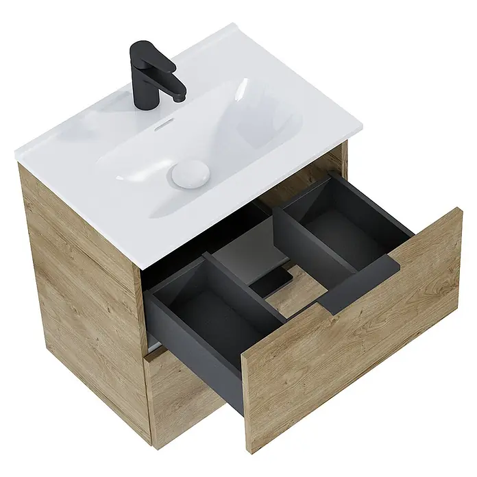Riva Badmöbel-Set Street Plus - Gesamtbreite Badmöbel: 51,3 cm, Eiche, Matt, 2 -tlg. - Ein Waschbeckenunterschrank mit Auszügen in Holzoptik und weißem Waschbecken sowie schwarzer Armatur.