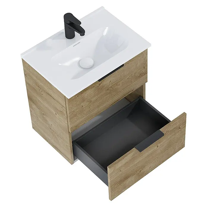 Riva Badmöbel-Set Street Plus - Gesamtbreite Badmöbel: 51,3 cm, Eiche, Matt, 2 -tlg. - Eitelkeit mit offenem Auszug. Die Spüle ist weiß und die Schublade ist aus hellem Holz mit einem schwarzen Griff.