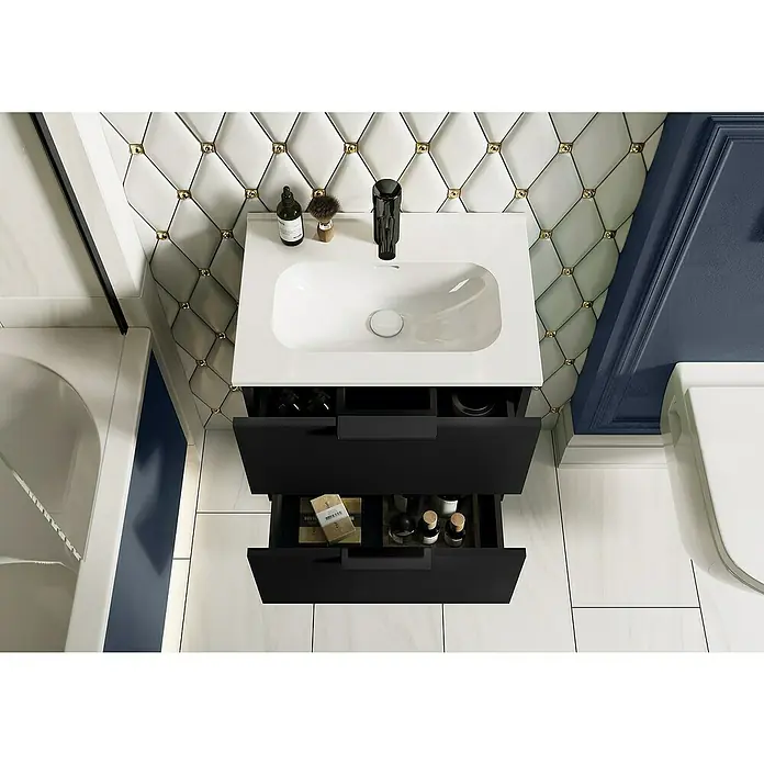 Riva Badmöbel-Set Street Plus - Gesamtbreite Badmöbel: 51,3 cm, Schwarz, Matt, 2 -tlg. - Ein Badezimmerwaschtisch mit schwarzem Unterschrank und einer weißen rechteckigen Waschbeckenplatte. Moderner Stil für jedes Badezimmer.